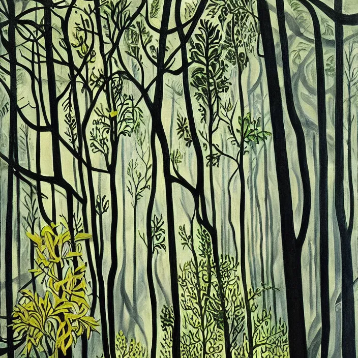 Image similar to charles burchfield art painting, beautiful arboreal forest by Adriaan Herman Gouwe