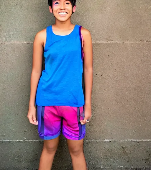 Image similar to a professional portrait of a 1 7 year old hispanic filipina girl with a sporty flair, mahogany eyes, dyed rainbow hair in a pixie cut, a blue tank top, a confident smile, small stature, athletic, warm brown eyes