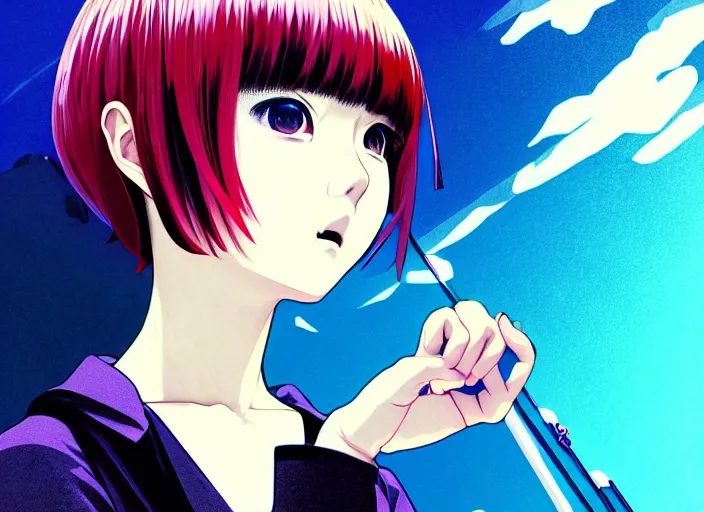 Image similar to ilya kuvshinov editorial illustration colorful anime portrait of shiina ringo, murata range, blue submarine no 6, manga, fine texture, detailed, perfect anime face, dramatic lighting, film grain, textured brush strokes, dynamic composition, moody, vivid, volumetric light, alphonse mucha, last exile, fine stippled lighting, tsuruta kenji