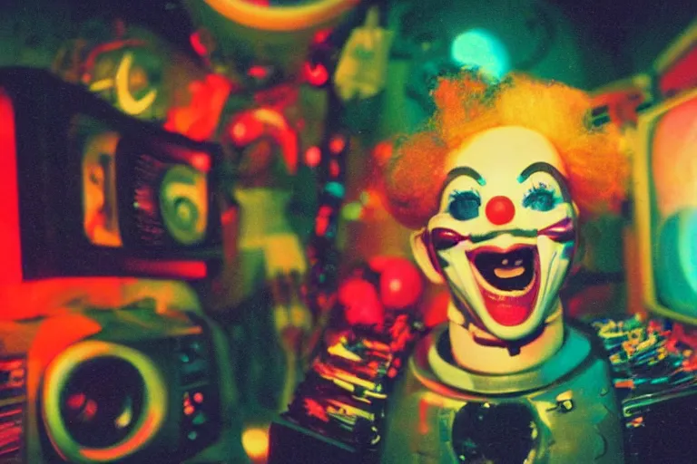 Prompt: friendly and kind robo - clown emerging from a space portal in cyberspace, fractaling outwards, in 1 9 8 5, y 2 k cutecore clowncore, bathed in the glow of a crt television, crt screens in background, low - light photograph, in style of tyler mitchell