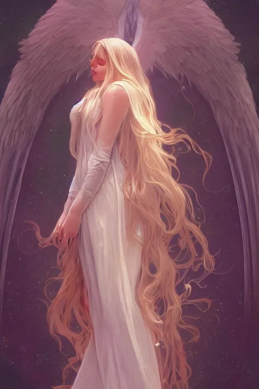 Image similar to A beautiful angelic woman with white long flowy hair, cinematic lighting, soft bokeh, sci-fi, modern, colourful, highly detailed, digital painting, artstation, concept art, sharp focus, illustration, by alphonse mucha