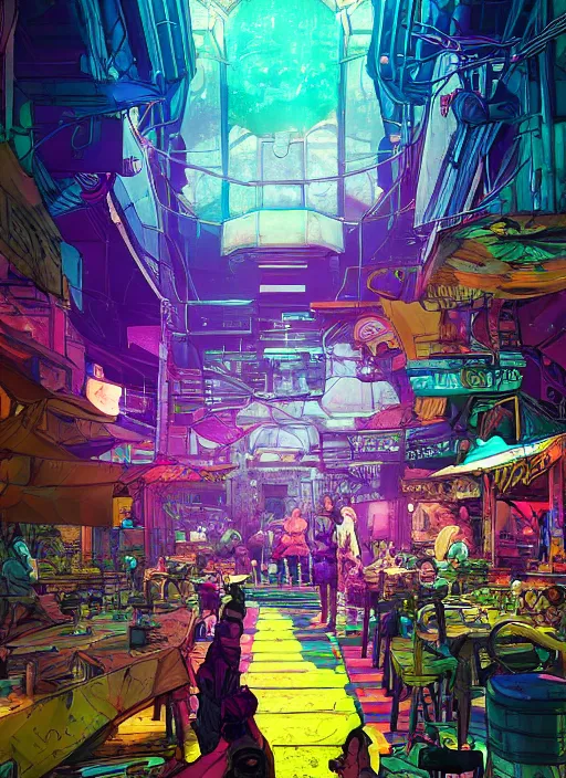 Image similar to bazaar zouk oriantal full color sky shine place mosquet painting digital illustration hdr stylized digital illustration video game icon global illumination ray tracing advanced technology that looks like it is from borderlands and by feng zhu and loish and laurie greasley, victo ngai, andreas rocha, john harris