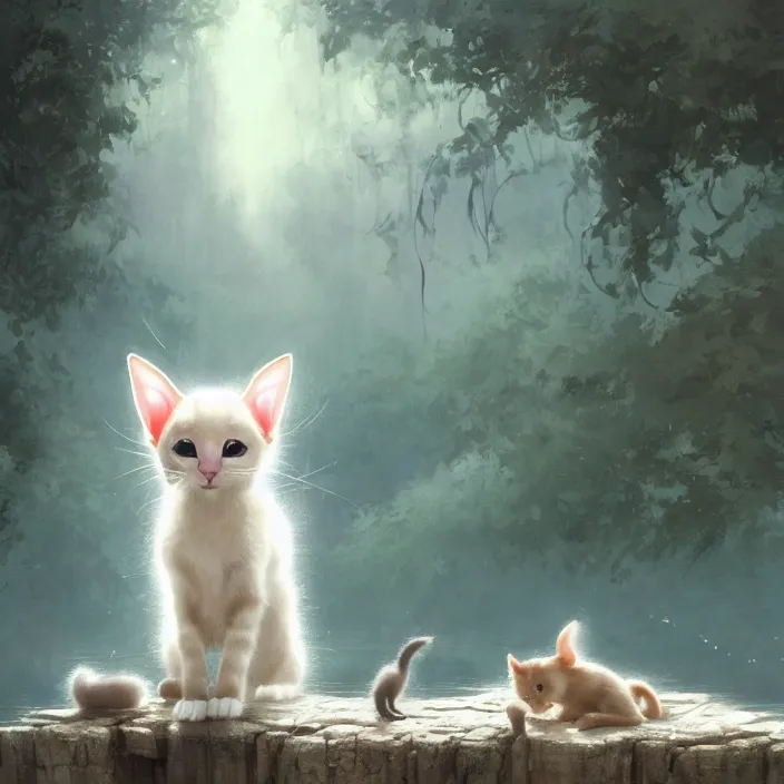 Image similar to a painting of a cute light beige kitten at a river. dark brown ears and face and legs and tail. white paws. character design by cory loftis, fenghua zhong, ryohei hase, ismail inceoglu and ruan jia. volumetric light, detailed, rendered in octane