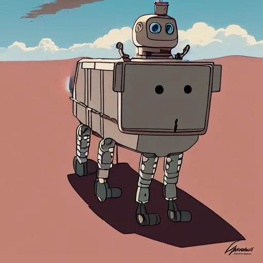 Image similar to a study of cell shaded cartoon of a grey robot sled dog from howl's moving castle ( 2 0 0 4 ) on a desert road, full body, wide shot, very muted colors, post grunge, studio ghibli, laurie greasley, highly detailed, deviantart, art by artgem