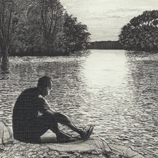 Prompt: a man sits by a lake, throwing pieces of his life into a bonfire. a great shapeless thing of darkness is drawn across the water to the light.