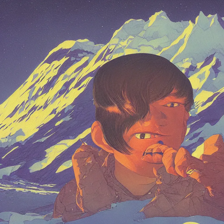 Prompt: a closeup portrait of a young siberian demon sucking a blotter paper of lsd acid and dreaming psychedelic hallucinations in the vast icy landscape of antarctica, by kawase hasui, moebius and edward hopper, colorful flat surreal design, hd, 8 k, artstation