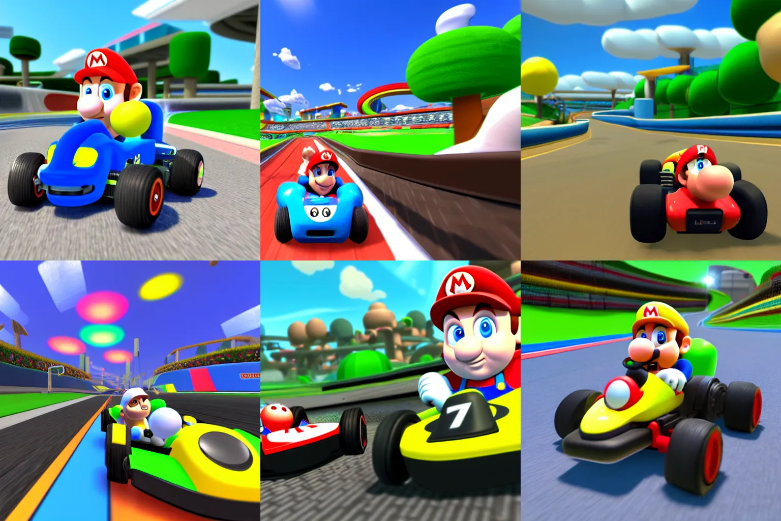 Prompt: Thomas the Kart, Mario Kart Wii gameplay screenshot, volumetric lighting, Unreal Engine 5, bright colors, realistic shading