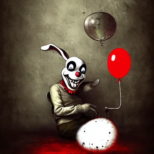 Image similar to grunge cartoon painting of a cartoon bunny and a red balloon by - michal karcz, loony toons style, pennywise style, horror theme, detailed, elegant, intricate