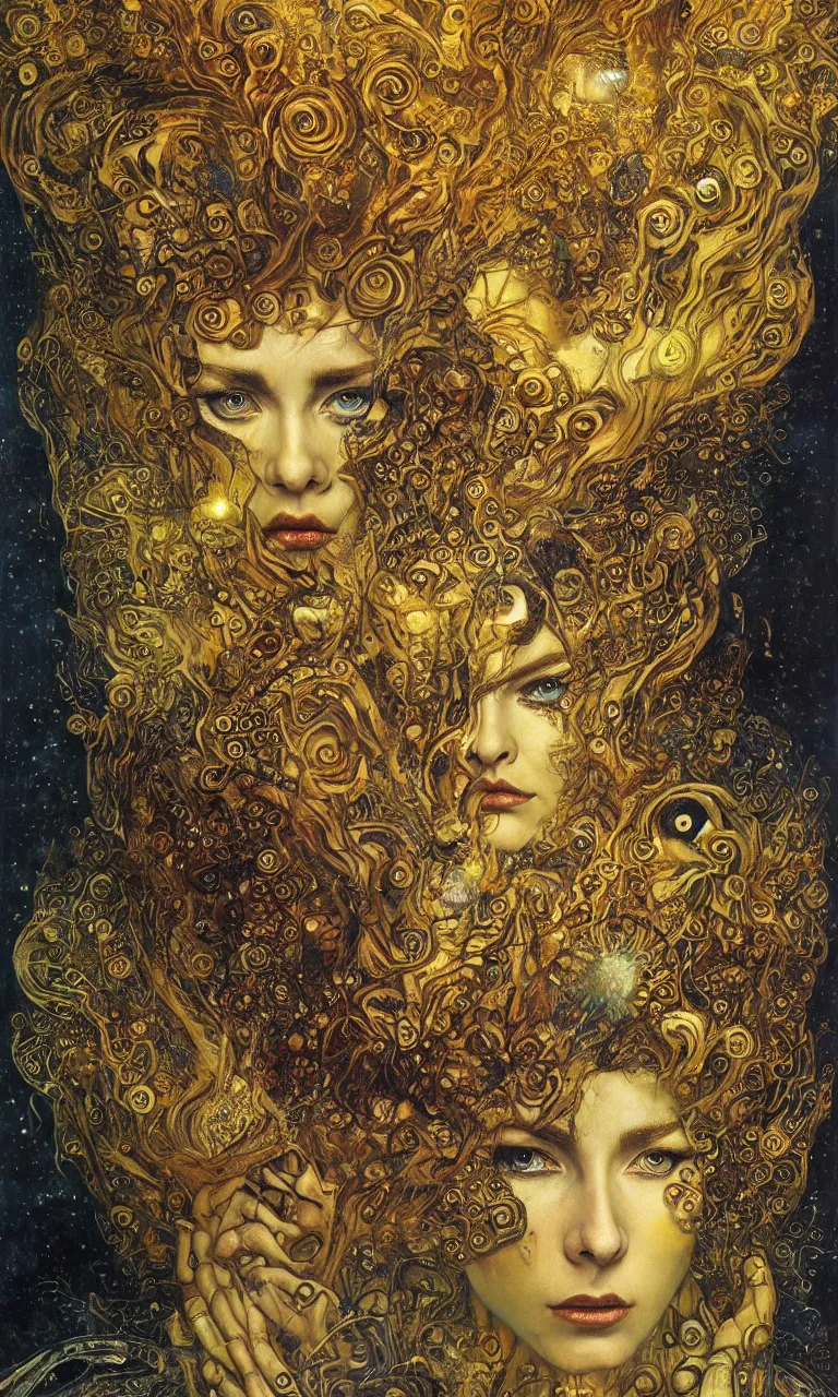 Image similar to Divine Chaos Engine by Karol Bak, Jean Deville, Gustav Klimt, and Vincent Van Gogh, beautiful visionary mystical portrait, sacred, otherworldly, fractal structures, Surreality, ornate gilded medieval icon, third eye, spirals, horizontal symmetry