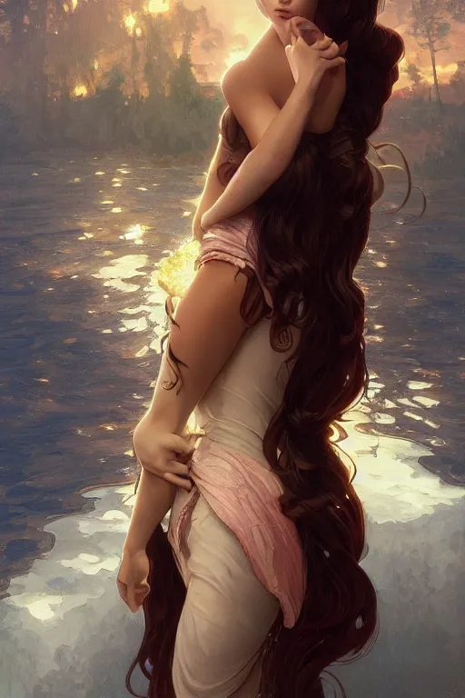 Prompt: beautiful cottagecore Ariana Grande bombshell, full body shot, intricate, elegant. the background is chocolate !. highly detailed, digital painting, artstation, concept art, smooth, sharp, focus, illustration. . art by artgerm and greg rutkowski and alphonse mucha