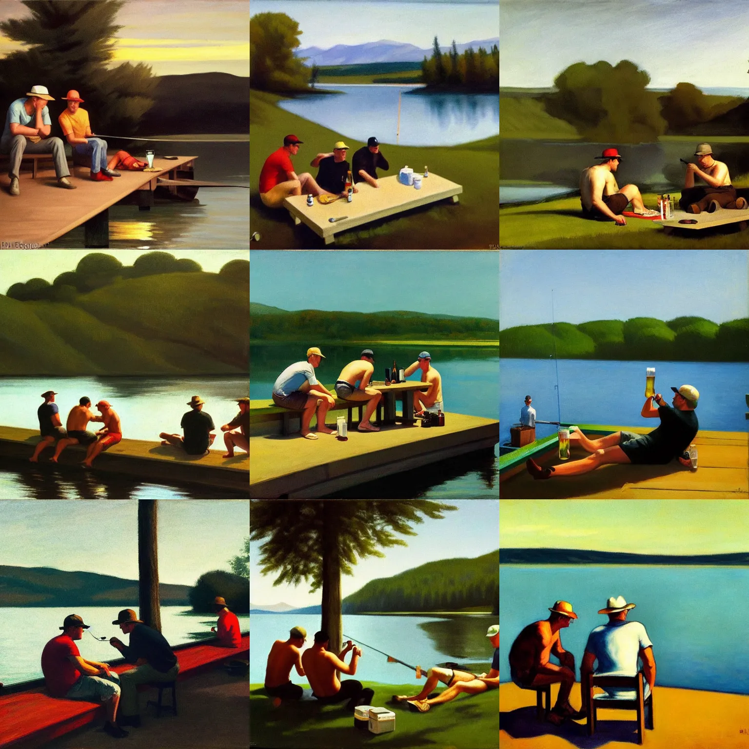 Prompt: guys binge drinking beer next to a lake during fishing, inspired by edward hopper