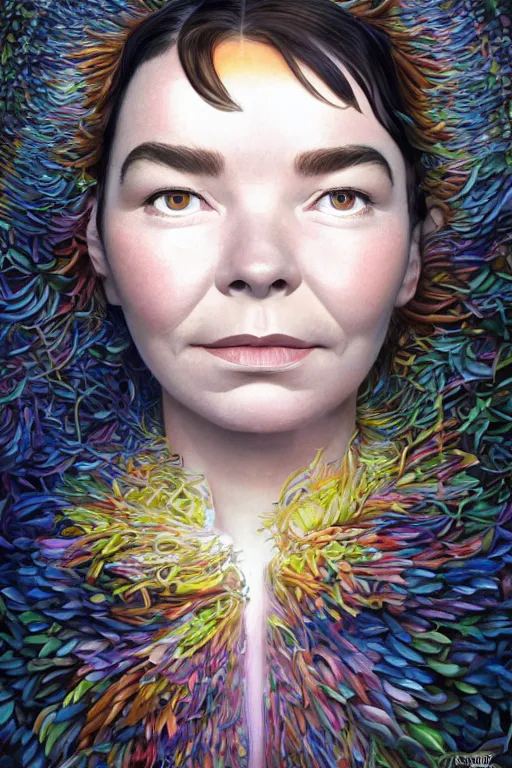 Prompt: 2 0 year old bjork portrait by hubert robert and lee madgwick and roger dean and jacek yerka, dan mumford and alex grey style, soft lighting, 4 k hd wallpaper illustration concept joy atmospheric lighting