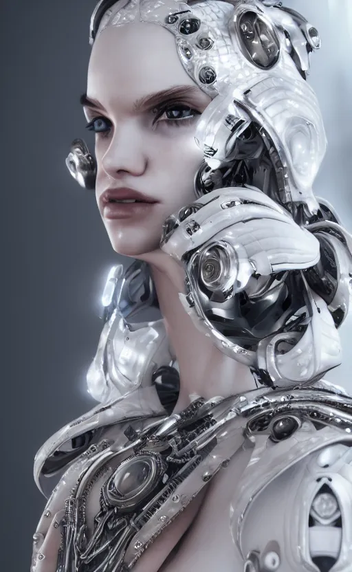 Image similar to white cyborg fashion shot, cyber copper spiral decorations, white elegant baroque design, headshot half figure, photorealistic, 8k, hyper detailed, unreal engine, trending on artstation,