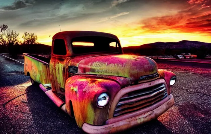 Image similar to a sunset light landscape with historical route 6 6, lots of sparkling details and sun ray ’ s, blinding backlight, smoke, volumetric lighting, colorful, octane, 3 5 mm, abandoned gas station, old rusty pickup - truck, beautiful epic colored reflections, very colorful heavenly, softlight