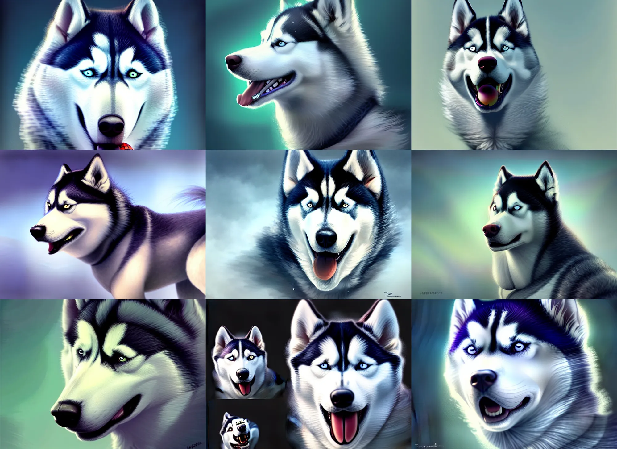 Prompt: a siberian husky playing soccer with his nose, diffuse lighting, fantasy, highly detailed, photorealistic, digital painting, artstation, illustration, concept art, smooth, sharp focus, in the style of tom bagshaw