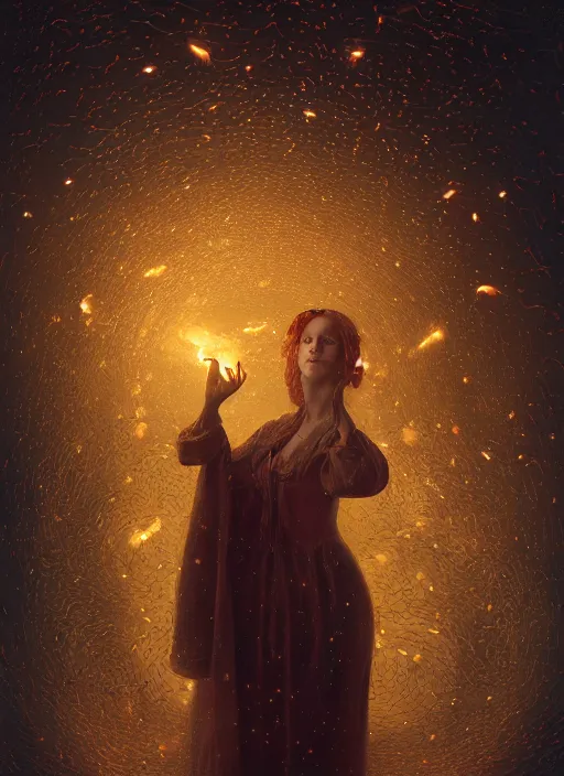 Prompt: portrait of a women with no vision who invented time surrounded by dreams made from fireflies, modern fine art, fractal, intricate, elegant, highly detailed, digital photography, subsurface scattering, by jheronimus bosch and greg rutkowski,