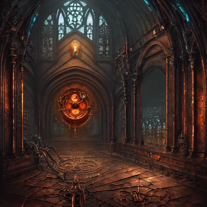 Image similar to steam necropolis, memento mori, gothic, neo - gothic, art nouveau, hyperdetailed copper patina medieval icon, stefan morrell, philippe druillet, ralph mcquarrie, concept art, steampunk, unreal engine, detailed intricate environment, octane render, moody atmospherics, volumetric lighting, ultrasharp, ominous, otherworldly