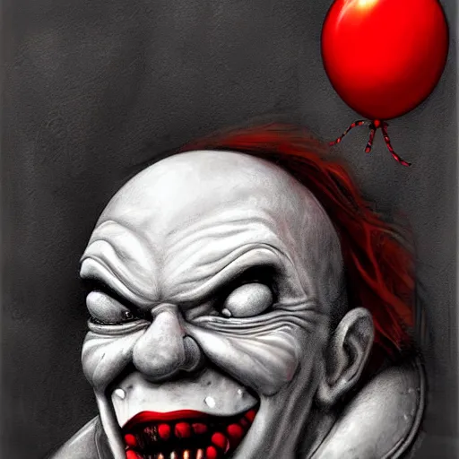 Image similar to surrealism grunge cartoon portrait sketch of a king with a wide smile and a red balloon by - michael karcz, loony toons style, pennywise style, horror theme, detailed, elegant, intricate