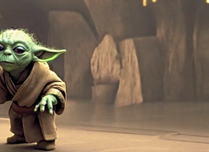 Image similar to film still of yoda uses the force to roll a bowling bowl down a lane in a bowling alley in the new Star Wars movie, 4k