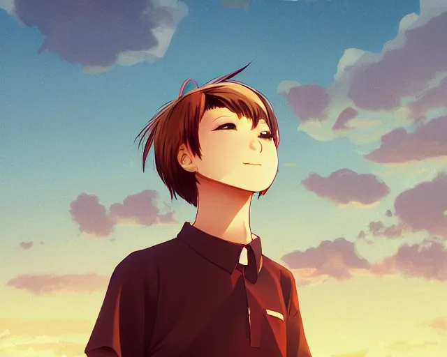 Image similar to teen looking at the sunset, wearing white collared shirt, back turned, looking up, illustration, by pine ( ハイネ ) and 薯 子 imoko and 香 川 悠 作 and wlop and maya takamura, highly detailed, trending artstation, pixiv, digital art