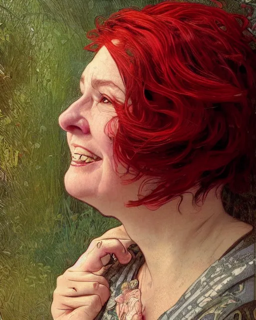 Image similar to portrait of happy short and plump 5 0 - year - old woman with red hair and, kind face, round face, short hair, wearing in cardigan, hyper realistic face, beautiful eyes, close up, fantasy art, in the style of greg rutkowski, intricate, alphonse mucha, hyper detailed, smooth