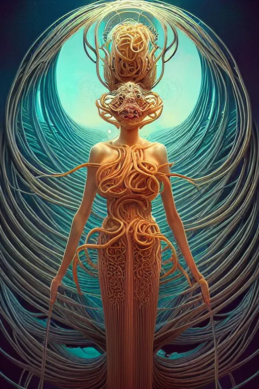 Prompt: beautiful flying spaghetti monster goddess, ethereal art deco, fantasy, intricate art deco pasta designs, elegant, highly detailed fractals, sharp focus, art by artgerm and beeple and greg rutkowski and wlop