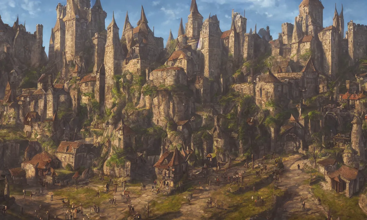 Image similar to oil on panel, painting, the elder scrolls art, medieval small town with a castle, villagers, finished art, trending on artstation, 4K UHD image