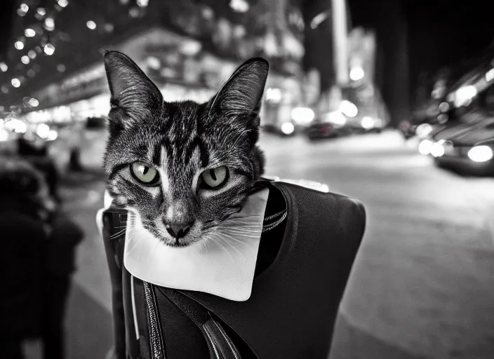 Prompt: photography of a Cat being carried in a backpack . in a new york street. award winning photo, led lighting, night, 130mm, sharp, high res