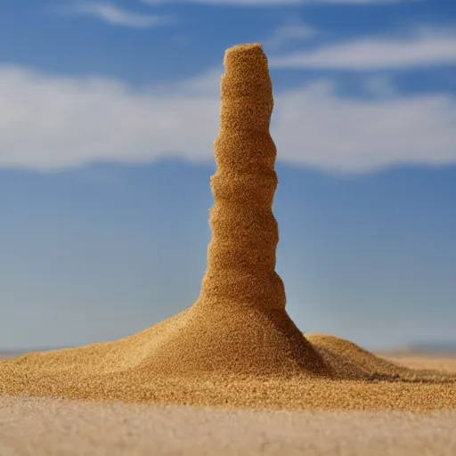 Prompt: a tower of sand on the beach that's taller than the people around it