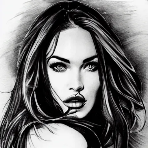 Prompt: realism tattoo sketch of double exposure megan fox, on beautiful mountain scenery, in the style of andrey lukovnikov