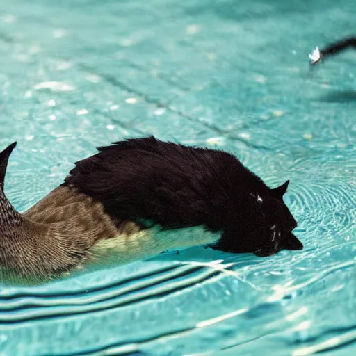 Prompt: a kiwi bird swimming in a pool together with a black cat, high quality