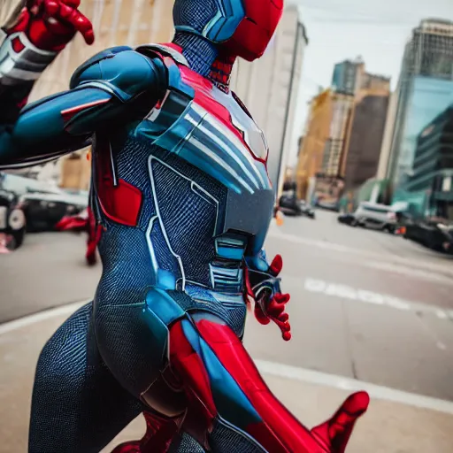 Image similar to a single iron man and spider - man hybrid, dslr, polaroid