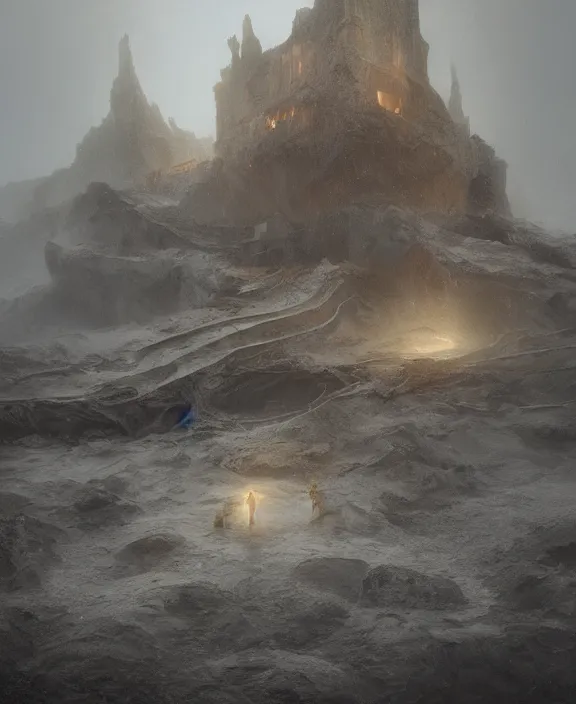 Image similar to surreal romantic prometheus horizontal white exploration base, ochre ancient palette, building architecture by ruan jia, futuristic, blame, white architecture in the beach in iceland, foggy, highly detailed, digital painting, arstation, concept art, hyperealistic octane render, unreal engine