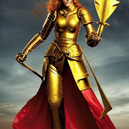 Image similar to a tall, red - haired female knight wearing golden armor and a right golden prosthetic arm, longer than her left arm. she wields a long golden blade