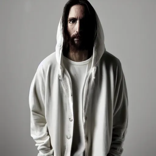 Image similar to a full body lookbook portrait of modern - day jesus wearing cream fear of god menswear collection by nicola samori, hat and hoodie, detailed, oil painting, hyper - realistic, 8 k, yeezy collection