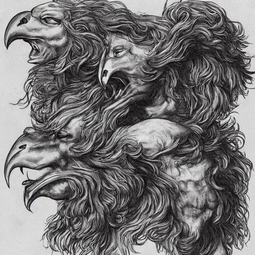 Image similar to human / eagle / lion / ox hybrid. horns, beak, mane, human body. drawn by da vinci