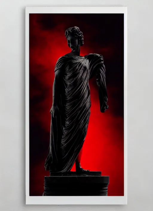 Image similar to elegant dark design poster showing a beautiful greco roman marble statue, black background with very subtle red and purple design elements, bold, powerful, nekro, vito acconci, thin straight purple lines, dark, glitch art, neo vaporwave, gritty, layout frame, square, trending on artstation