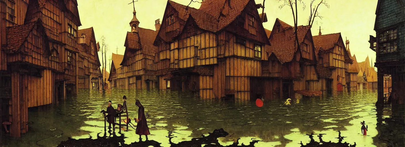Image similar to flooded old wooden city street, very coherent and colorful high contrast masterpiece by norman rockwell franz sedlacek dean ellis simon stalenhag rene magritte gediminas pranckevicius hieronymus bosch, dark shadows, sunny day, hard lighting, reference sheet white background