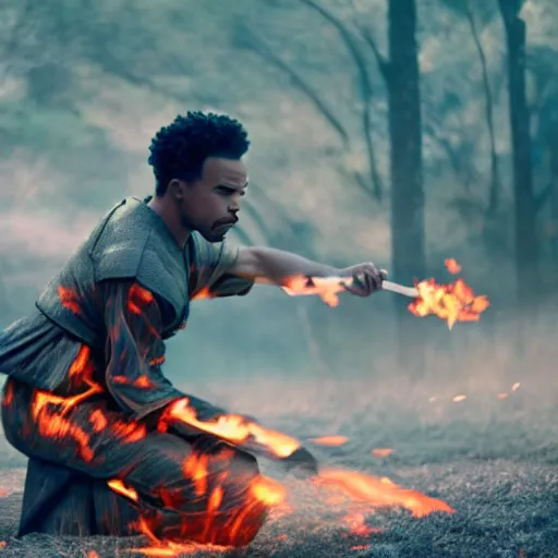 Image similar to cinematic film still of Chance The Rapper starring as a Samurai holding fire, Japanese CGI, VFX, 2022, 40mm lens, shallow depth of field, film photography