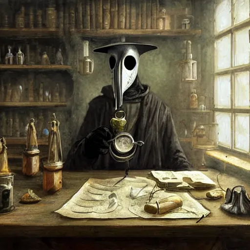 Image similar to plague doctor working in medieval apothecary, beak, gloves, magical alchemy laboratory, oil painting, by Greg Rutkowski