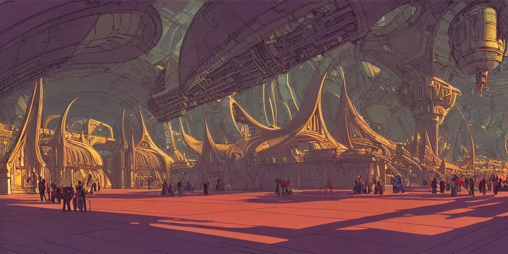 Image similar to cel shaded cinematic shot of the interior of a sci-fi space station with ornate Elven architecture bustling with people, epic castle, emerald, crystalline, detailed illustration, sharp focus, concept art by Moebius, Jean Giraud Moebius