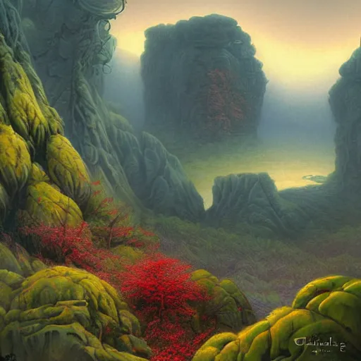 Image similar to digital painting of a lush foggy natural scene on an alien planet by gerald brom. digital render. detailed. beautiful landscape. colourful weird vegetation. cliffs and water.