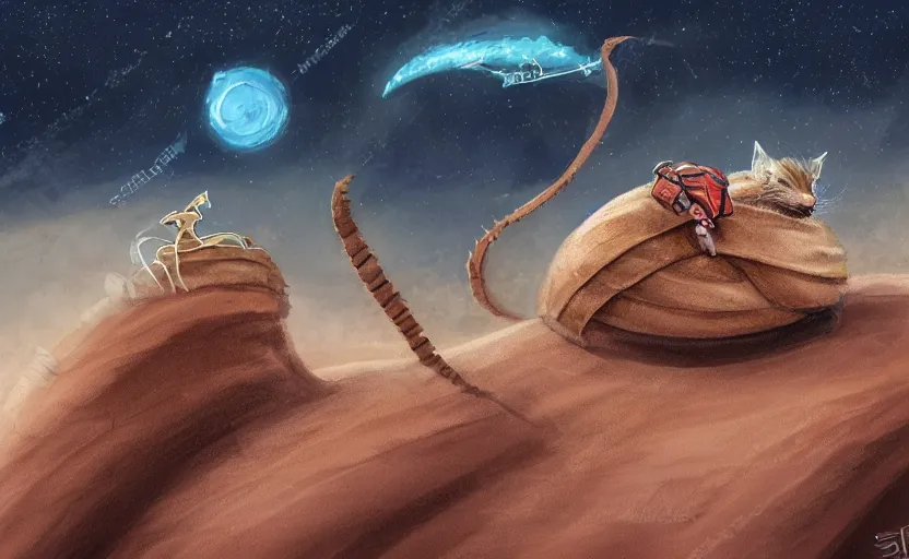 Image similar to scifi concept art, a tiny sentient desert mouse wearing a fremen sillsuit and riding on the back of the giant sandworm, macro focus,