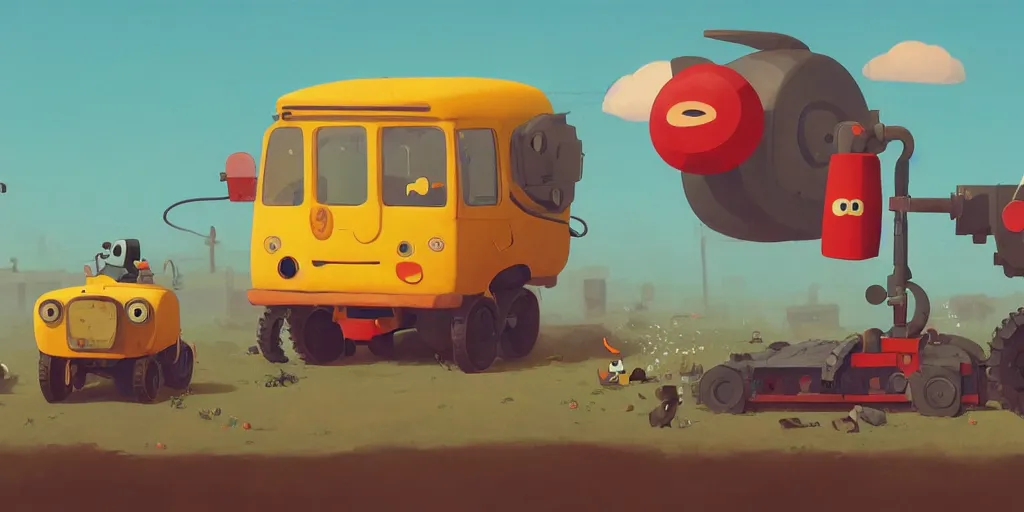 Prompt: cute cartoon little tractor dragging the russian tank by goro fujita and simon stalenhag and wes anderson and alex andreev and chiho aoshima and beeple and banksy and kandinsky and magritte and basquiat and picasso, 8 k, trending on artstation, hyper detailed, cinematic