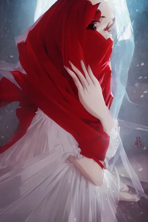 Prompt: by kyoto animation, a short - haired monster girl in a red dress and a white veil, beautiful, detailed portrait, intricate complexity, ilya kuvshinov, cell shaded, 4 k, concept art, by wlop, ilya kuvshinov, greg rutkowski, sharp focus, volumetric lighting, cinematic lighting