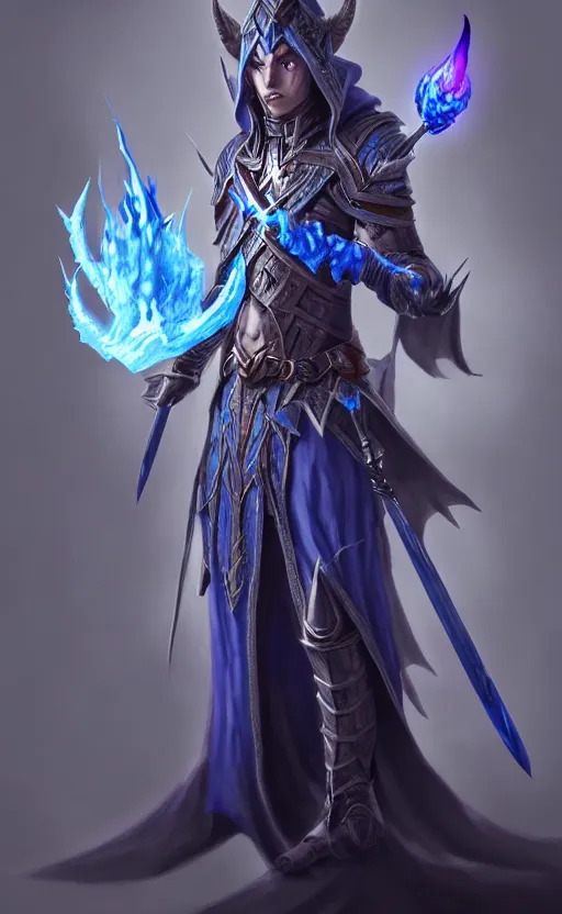 Image similar to legendary dark elf wizard with blue flame staff, highly detailed, d & d, fantasy, highly detailed, digital painting, trending on artstation, concept art, sharp focus, illustration, global illumination, ray tracing, realistic shaded, art by artgerm and greg rutkowski and fuji choko and viktoria gavrilenko and hoang lap