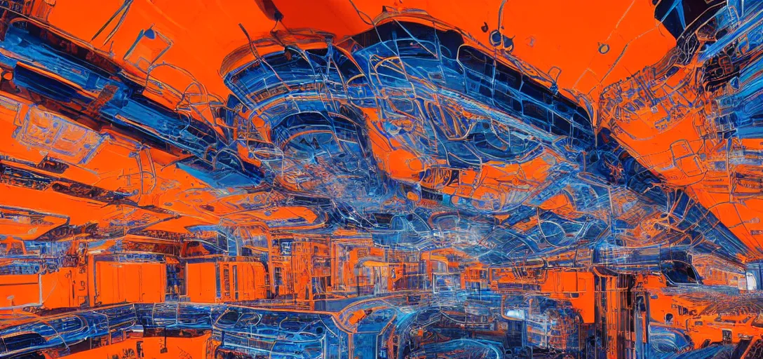 Image similar to sci - fi mothership interior or exteror - machinery, tubes wires path intricate matte painting masterpiece orange blue warm tones quiet