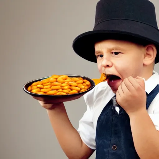 Prompt: stock photo of a small man eating heinz beans out of a bowler hat