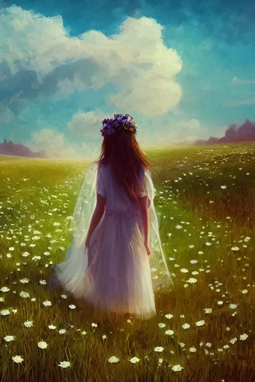 Image similar to giant white daisy flower veil, girl walking in a flower field, surreal photography, sunrise, dramatic light, impressionist painting, colorful clouds, digital painting, artstation, simon stalenhag