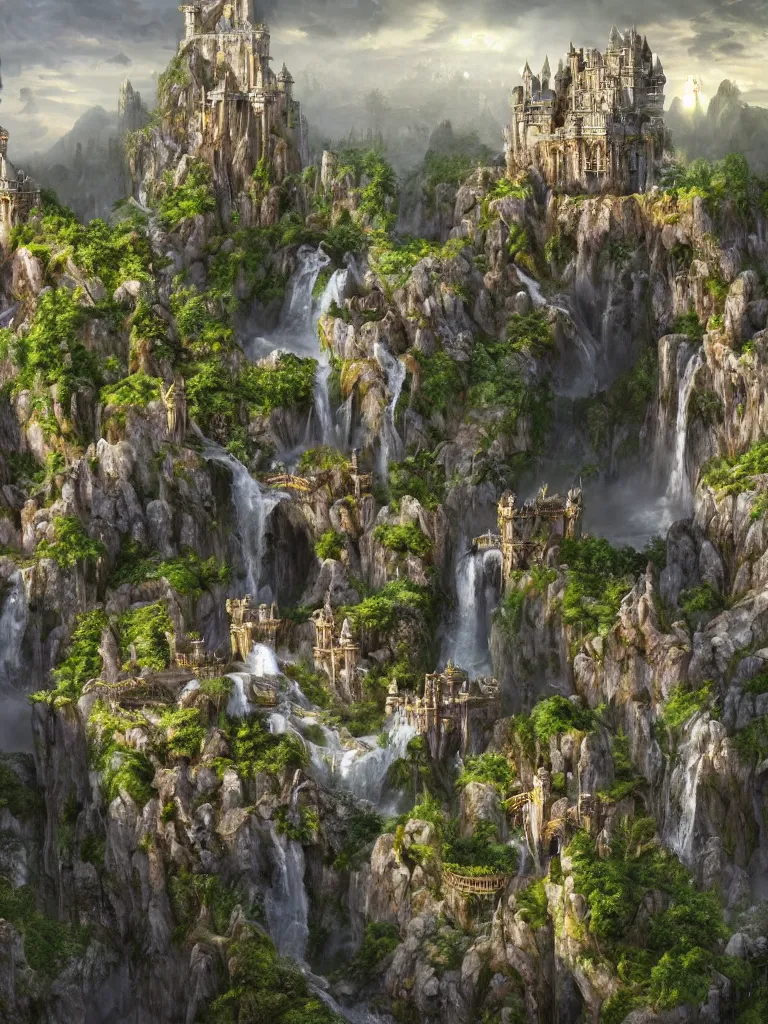 Image similar to a beautiful fantasy landscape of a large majestic castle adorned with gold linings and white marble walls from DND with lots of towers bridges and levels on top of a lush cliff with a huge waterfalls in the middle, ruins of structures at the bottom, afternoon light streaking with god rays, Dungeons and Dragons Castle, ornate, detailed, octane render, 8k, trending on artstation deviantart google images, pinterest, canon 35mm lens